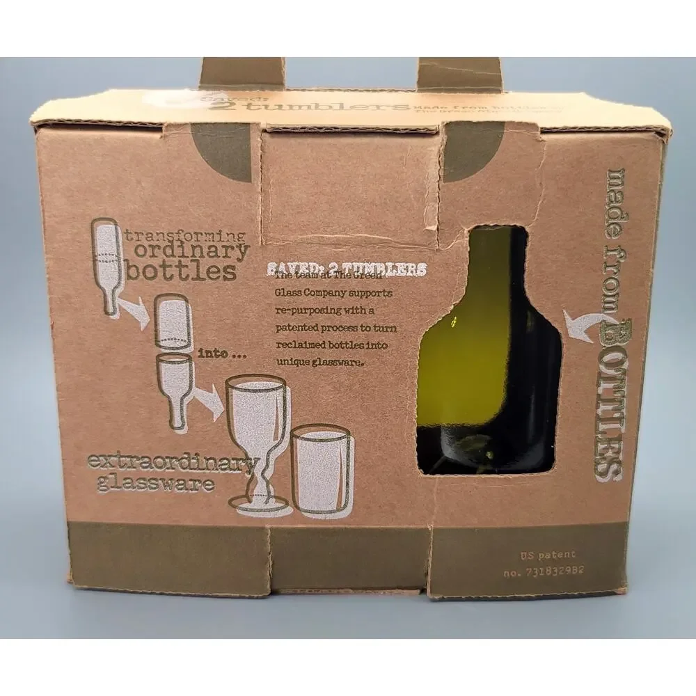 New in Box Set of 2 Green Glass Co Recycled Wine Bottle Tumblers in Olive Green